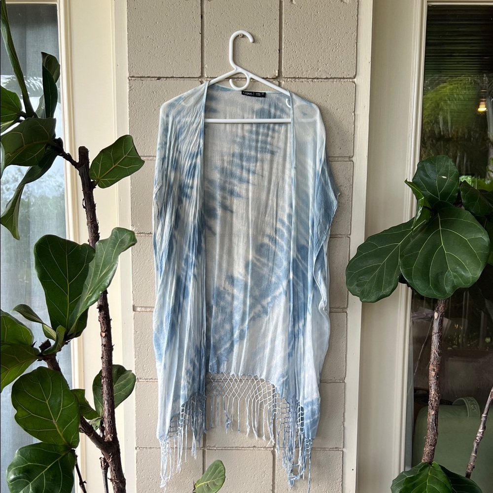 Gypsy 05 Light Blue Tie-Dye Fringe Kimono beach cover up
